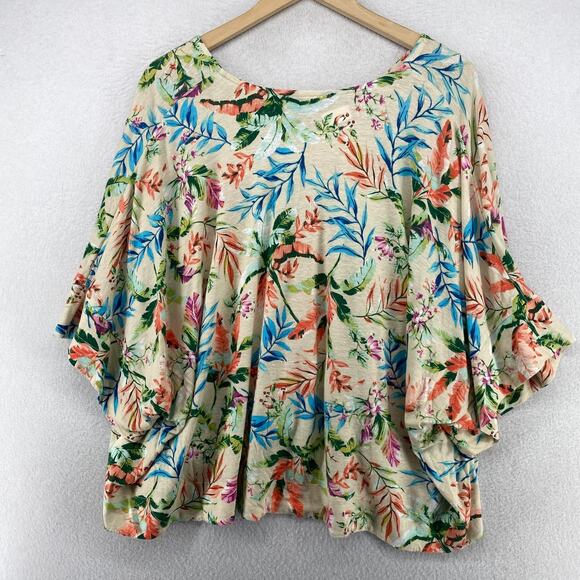 LANDS END Top Womens L 14-16 Floral Beach Blouse 3/4 Sleeve Linen Blend Cream - Picture 2 of 11